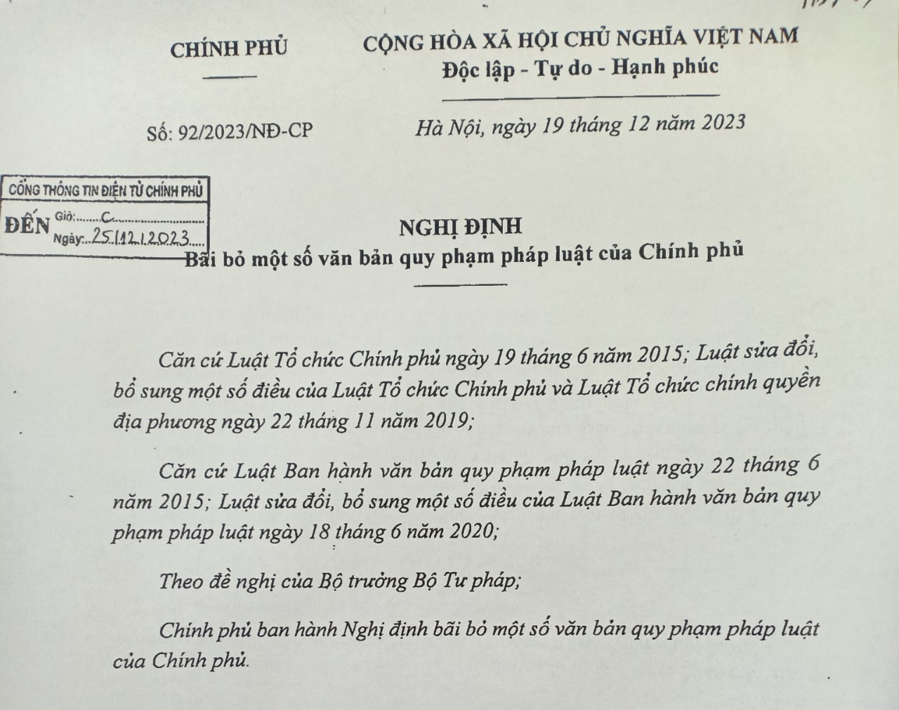 Chính phủ bãi bỏ một số văn bản quy phạm pháp luật