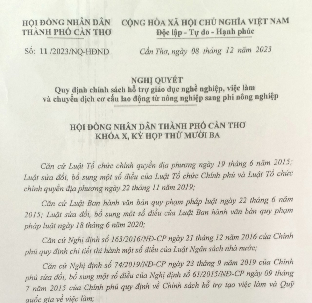 Cần Thơ quy định chính sách hỗ trợ giáo dục nghề nghiệp, việc làm và chuyển dịch cơ cấu lao động từ nông nghiệp sang phi nông nghiệp