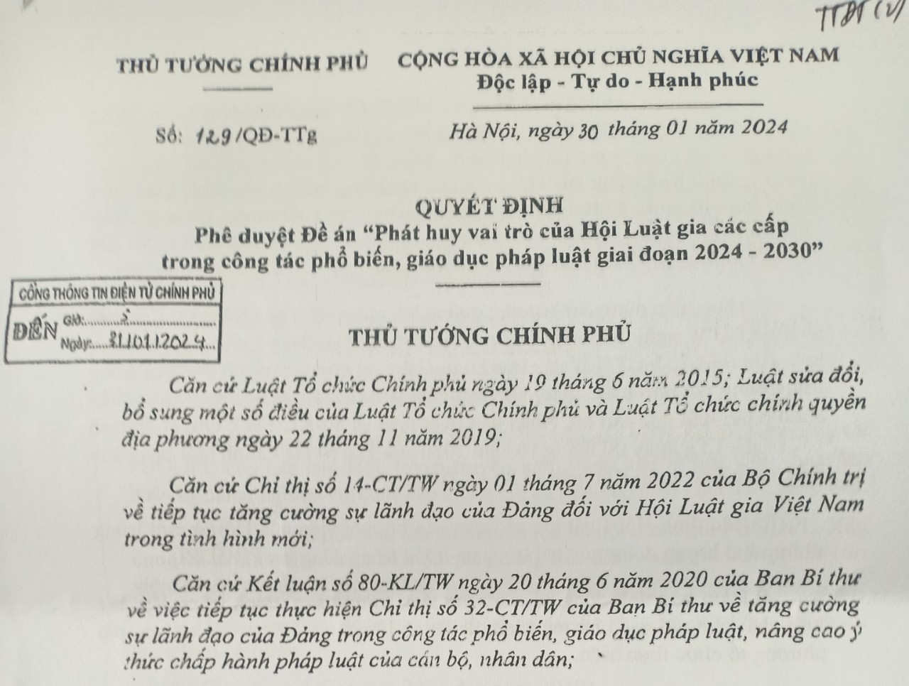 Quyết định phê duyệt Đề án “Phát huy vai trò của Hội Luật gia các cấp trong công tác phổ biến, giáo dục pháp luật giai đoạn 2024 - 2030”