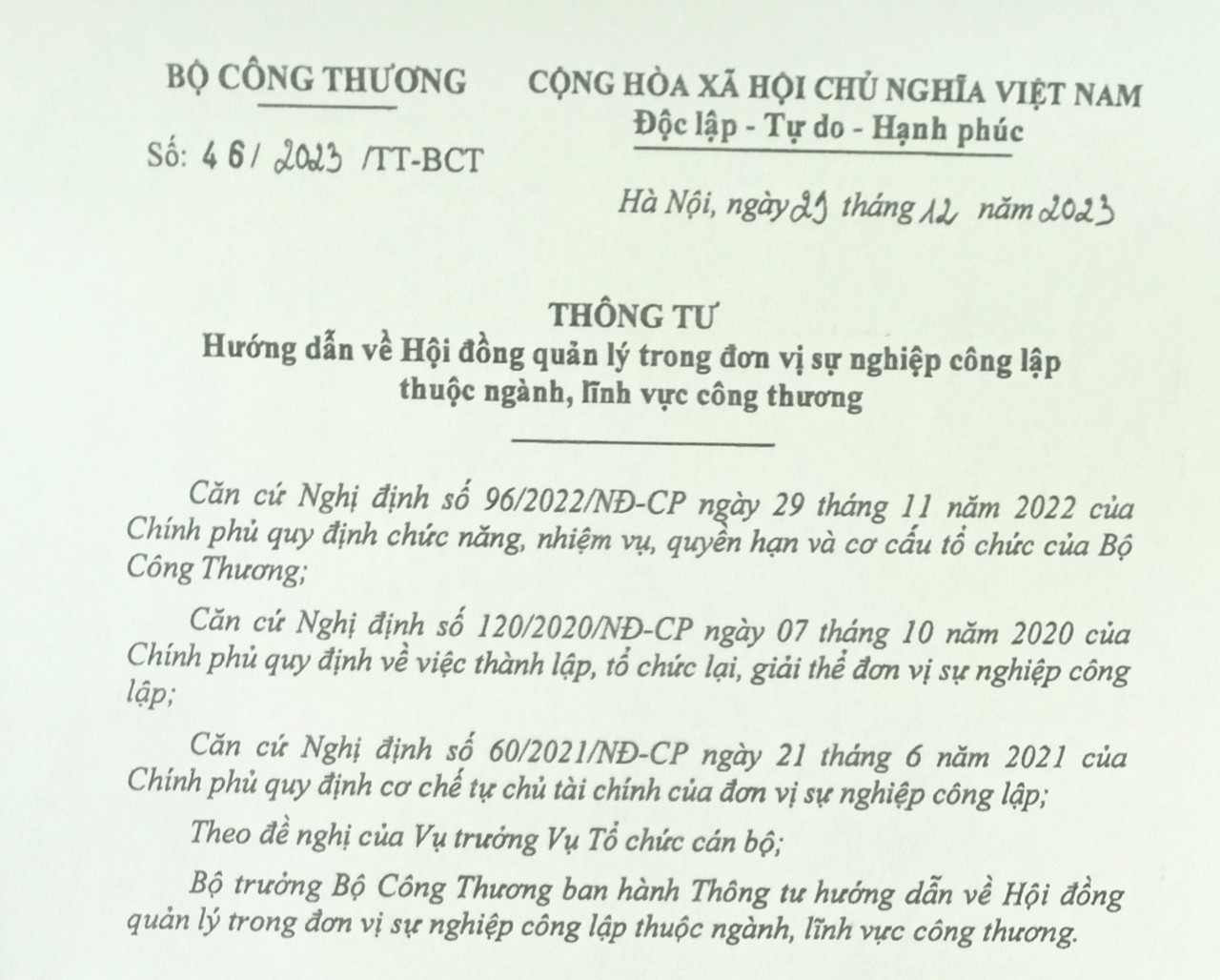 Hội đồng quản lý trong đơn vị sự nghiệp công lập thuộc ngành, lĩnh vực công thương