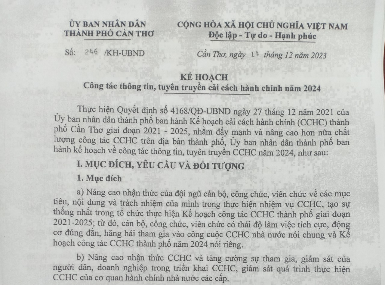 Kế hoạch công tác thông tin, tuyên truyền cải cách hành chính năm 2024
