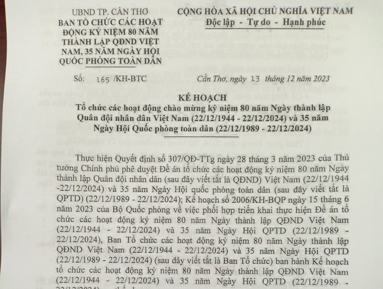 Tổ chức các hoạt động chào mừng kỷ niệm 80 năm Ngày thành lập  Quân đội nhân dân Việt Nam (22/12/1944 - 22/12/2024) và 35 năm  Ngày Hội Quốc phòng toàn dân (22/12/1989 - 22/12/2024)