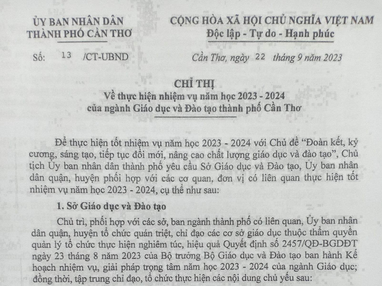 Cần Thơ triển khai thực hiện nhiệm vụ năm học 2023 - 2024