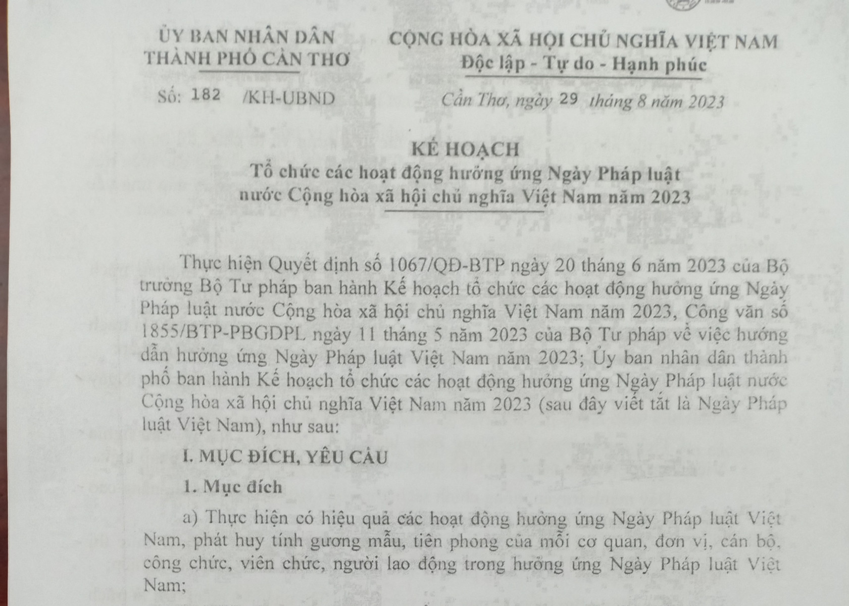 Kế hoạch tổ chức các hoạt động hưởng ứng Ngày Pháp luật nước Cộng hòa xã hội chủ nghĩa Việt Nam năm 2023