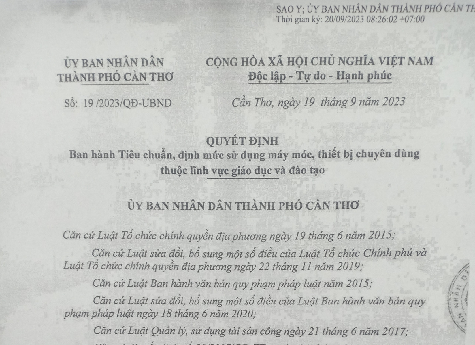 Cần Thơ có quy định mới về Tiêu chuẩn, định mức sử dụng  máy móc, thiết bị chuyên dùng thuộc lĩnh vực giáo dục và đào tạo