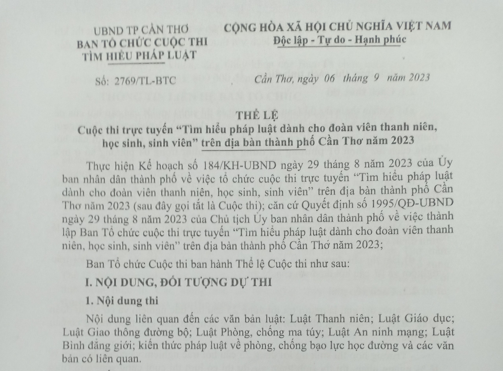 Thể lệ cuộc thi trực tuyến “Tìm hiểu pháp luật dành cho đoàn viên thanh niên,  học sinh, sinh viên” trên địa bàn thành phố Cần Thơ năm 2023