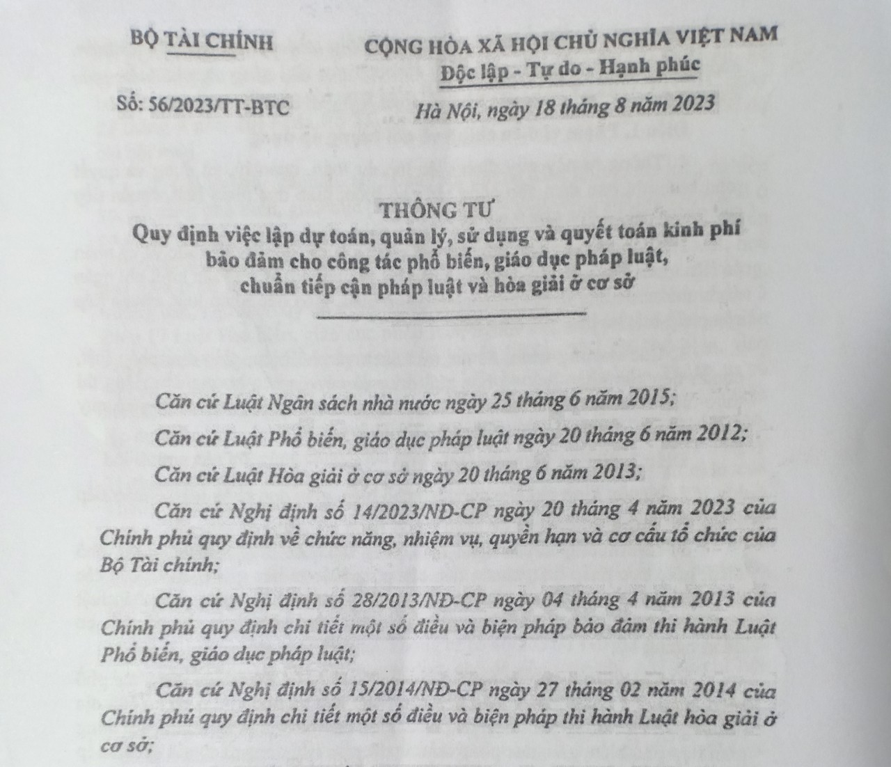 Thông tư số 56/2023/TT-BTC của Bộ trưởng Bộ Tài chính