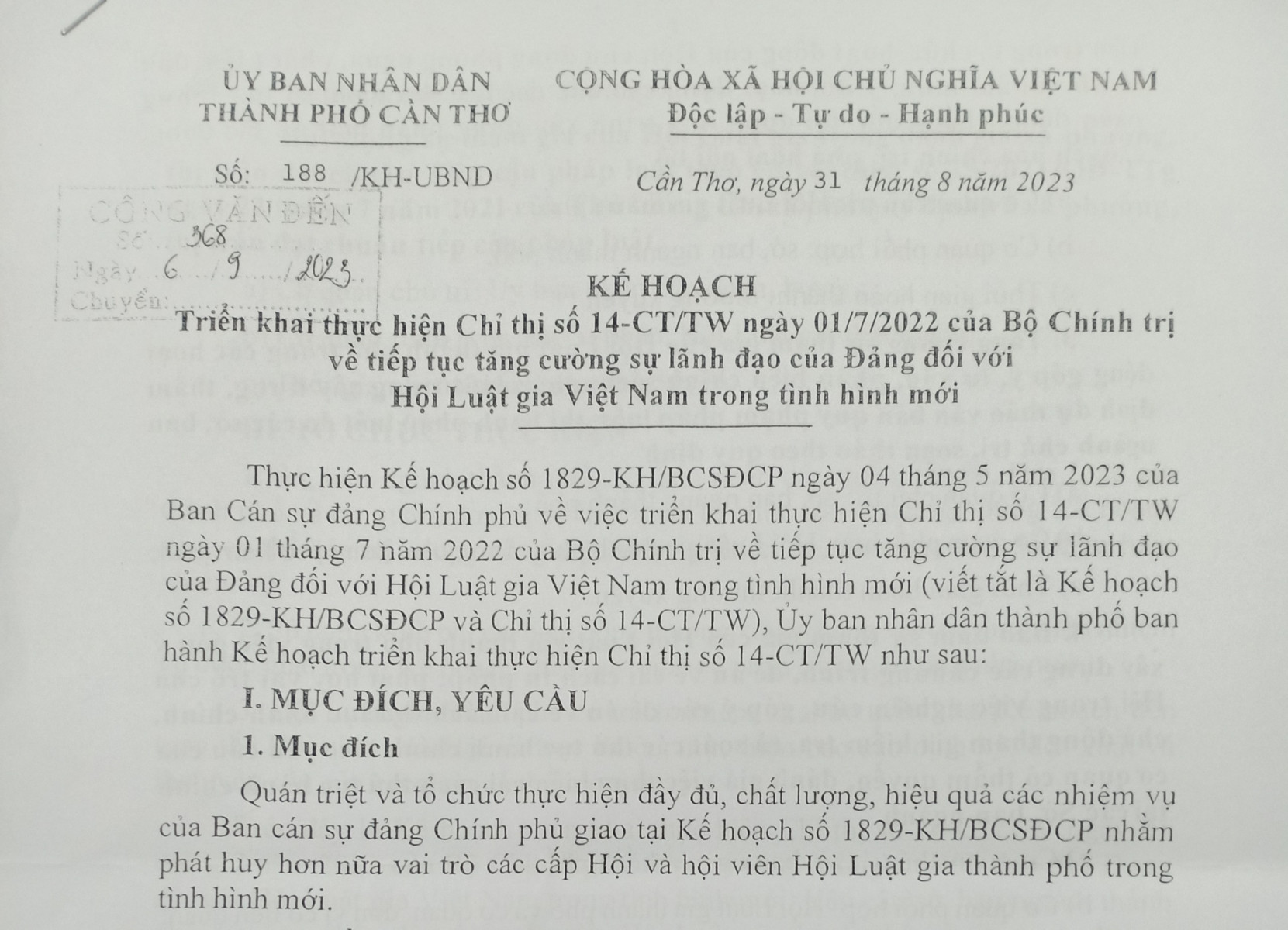 Kế hoạch số 188/KH-UBND của Ủy ban nhân dân thành phố Cần Thơ