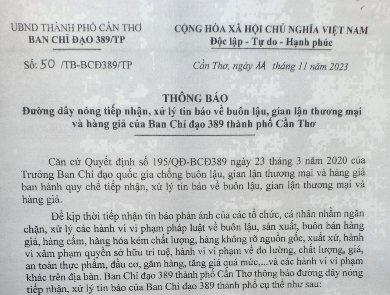 Thông báo đường dây nóng tiếp nhận, xử lý tin báo về buôn lậu, gian lận thương mại và hàng gia của Ban Chỉ đạo 389 của thành phố Cần Thơ