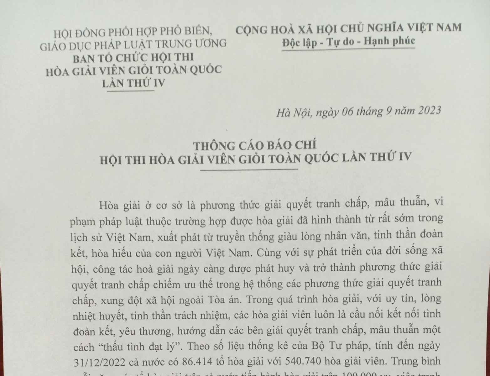 THÔNG CÁO BÁO CHÍ HỘI THI HÒA GIẢI VIÊN GIỎI TOÀN QUỐC LẦN THỨ IV