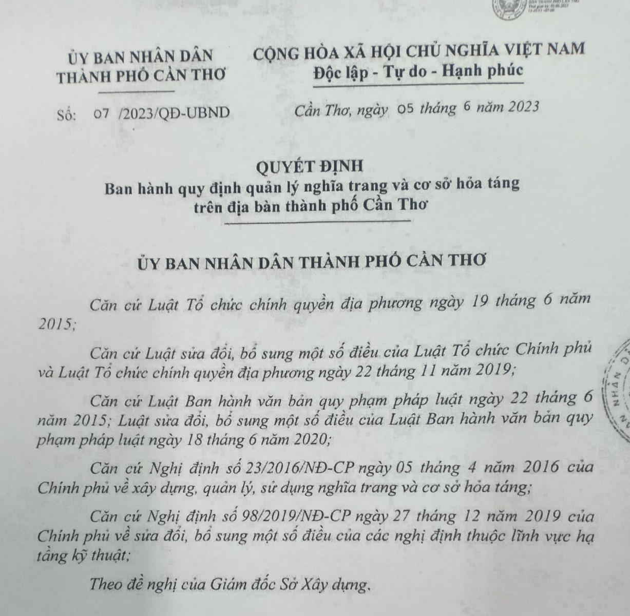 Quy định quản lý nghĩa trang và cơ sở hỏa táng trên địa bàn thành phố Cần Thơ