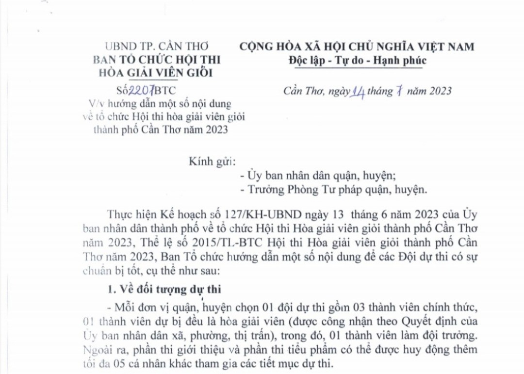                              Hướng dẫn một số nội dung về tổ chức Hội thi hòa giải viên giỏi thành phố Cần Thơ năm 2023