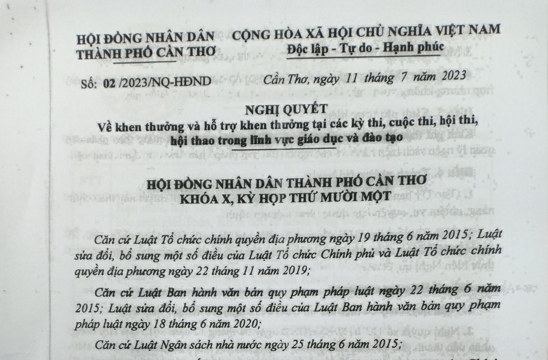 Nghị quyết số 02/2023/NQ-HĐND ngày 11 tháng 7 năm 2023  của Hội đồng nhân dân thành phố về khen thưởng  và hỗ trợ khen thưởng tại các kỳ thi, cuộc thi, hội thi, hội thao trong lĩnh vực giáo dục và đào tạo