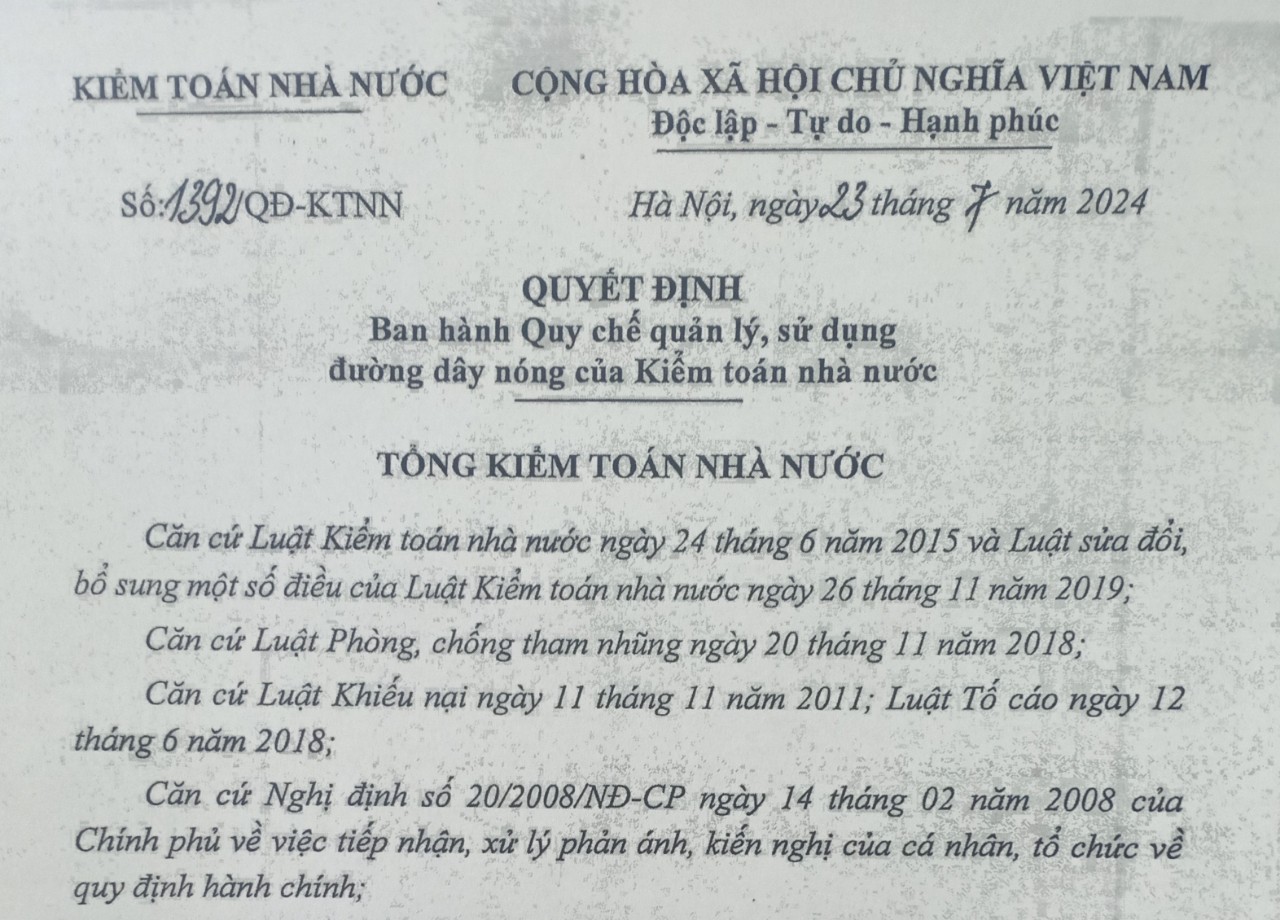 Quy chế quản lý, sử dụng đường dây nóng của Kiểm toán Nhà nước