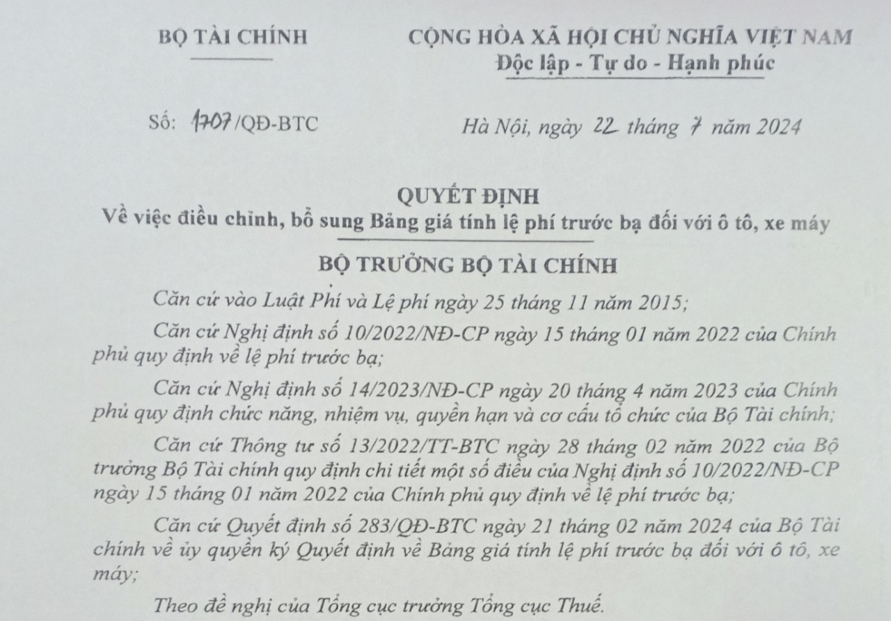 Điều chỉnh Bảng giá tính lệ phí trước bạ đối với ô tô, xe máy