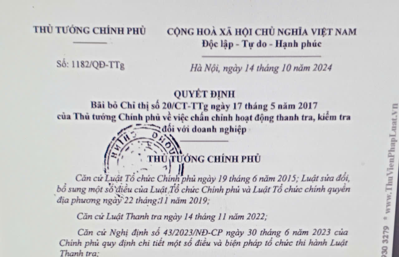 Bãi bỏ chỉ thị về chấn chỉnh hoạt động thanh tra, kiểm tra với doanh nghiệp