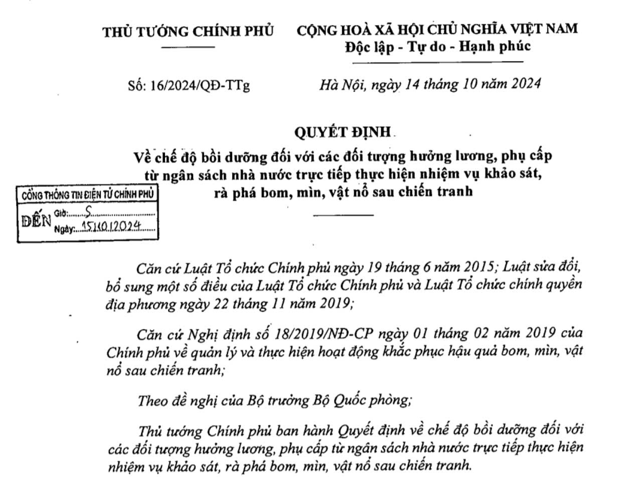 Chế độ bồi dưỡng đối với đối tượng khảo sát, rà phá bom, mìn, vật nổ sau chiến tranh