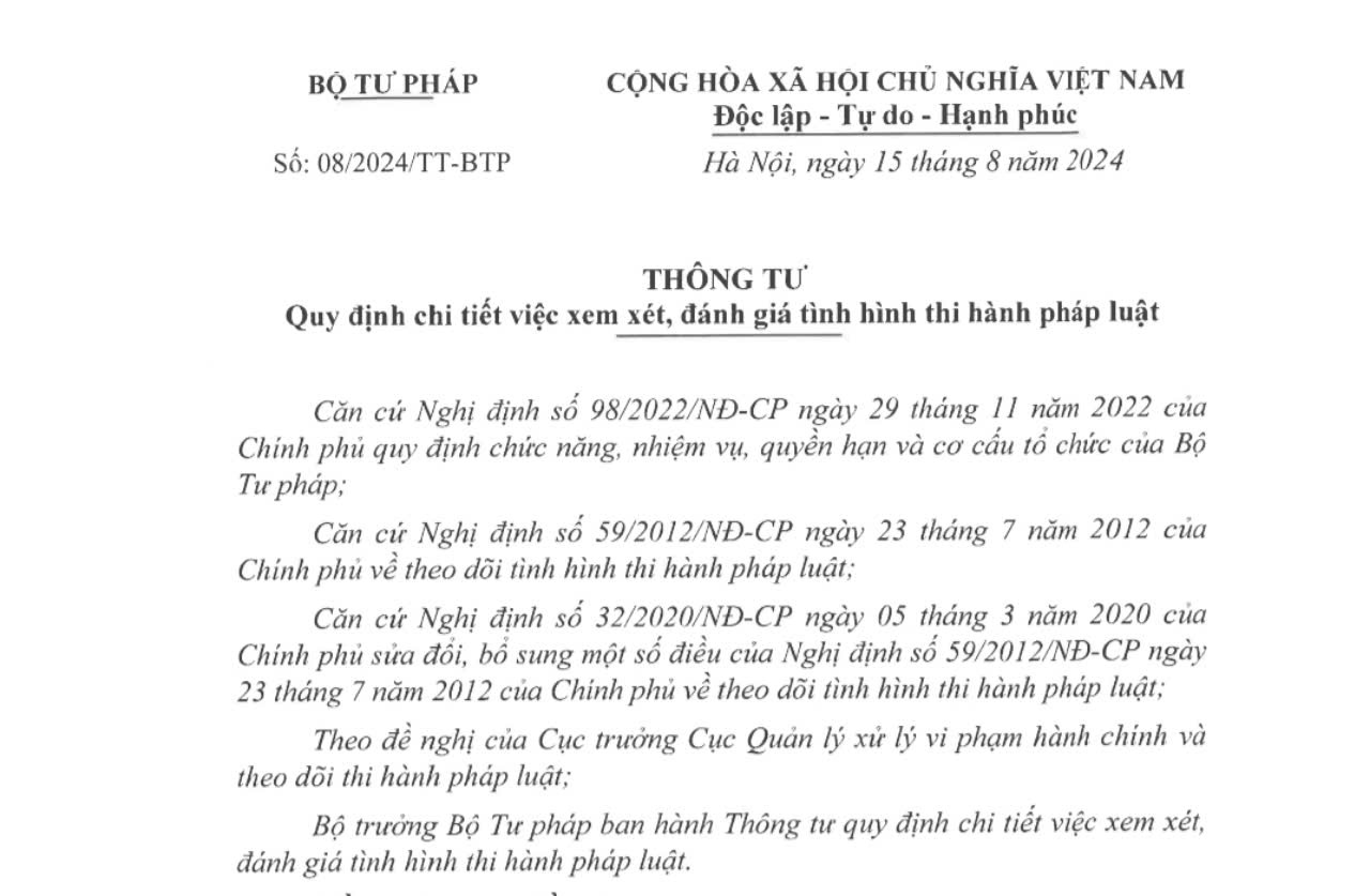 Thông tư số 08/2024/TT-BTP quy định chi tiết việc xem xét,  đánh giá tình hình thi hành pháp luật