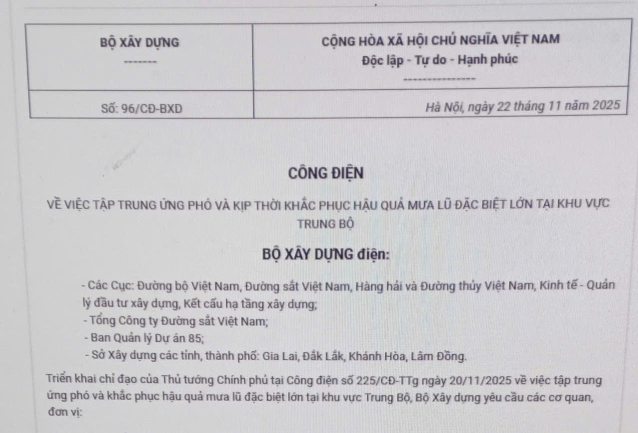 Bộ trưởng Bộ Xây dựng ban hành Công điện số 96/CĐ-BXD về việc về việc tập trung ứng phó và kịp thời khắc phục hậu quả mưa lũ đặc biệt lớn tại khu vực Trung bộ
