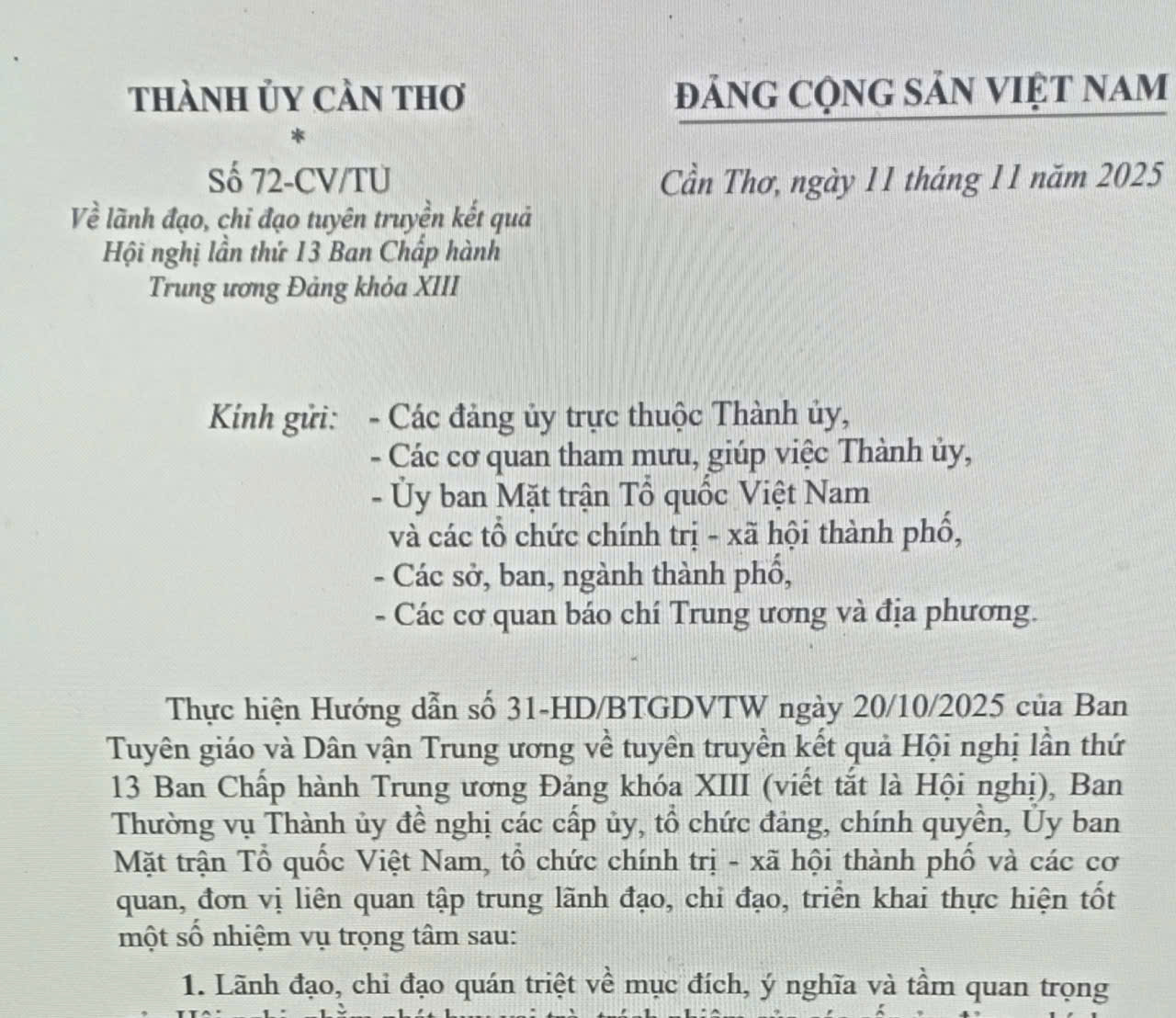 Thành ủy Cần Thơ lãnh đạo, chỉ đạo tuyên truyền kết quả Hội nghị lần thứ 13 Ban Chấp hành Trung ương Đảng khóa XIII