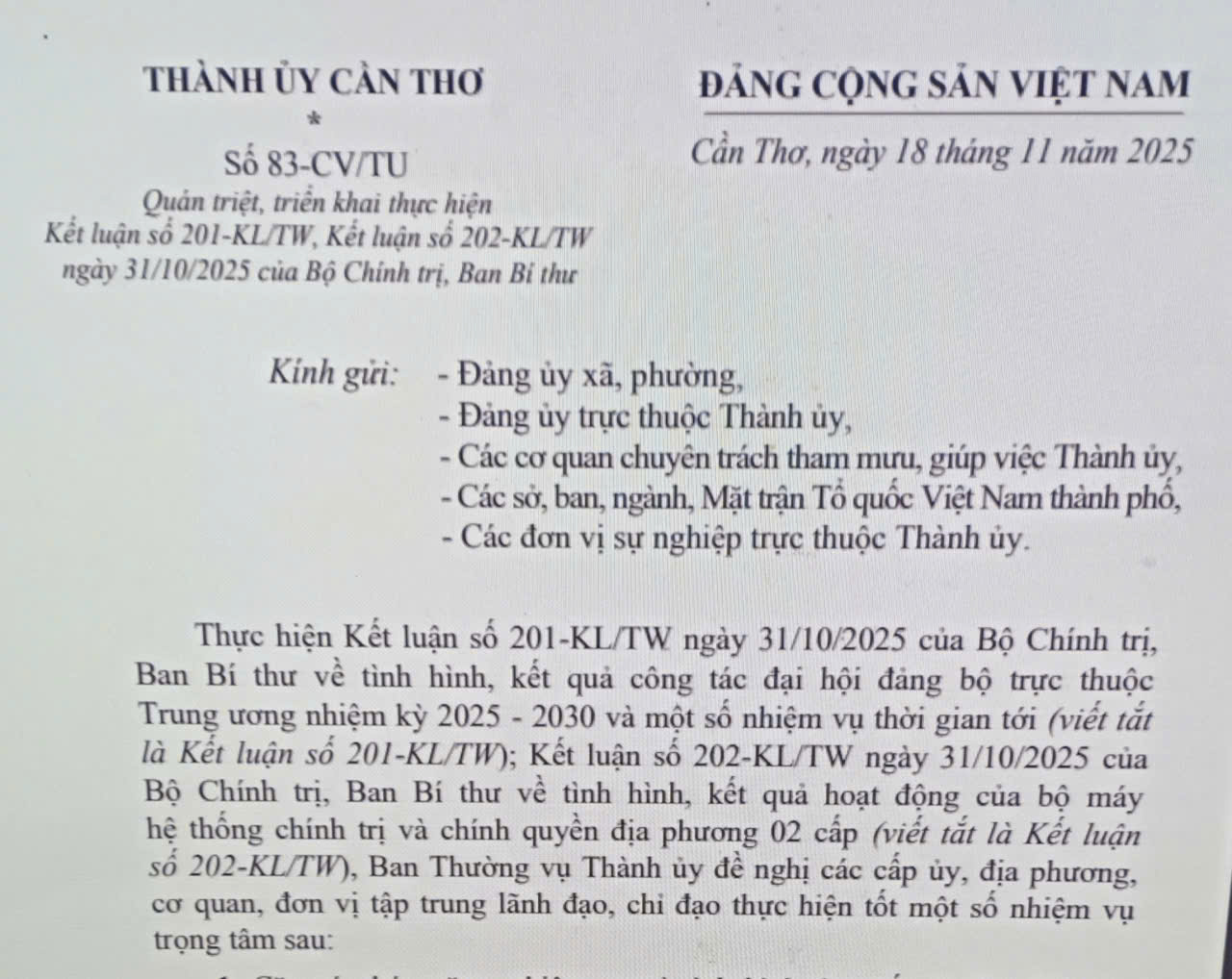 Quán triệt, triển khai thực hiện Kết luận số 201-Kl/TW, Kết luận số 202-KL/TW ngày 31/10/2025 của Bộ Chính trị, Ban Bí thư