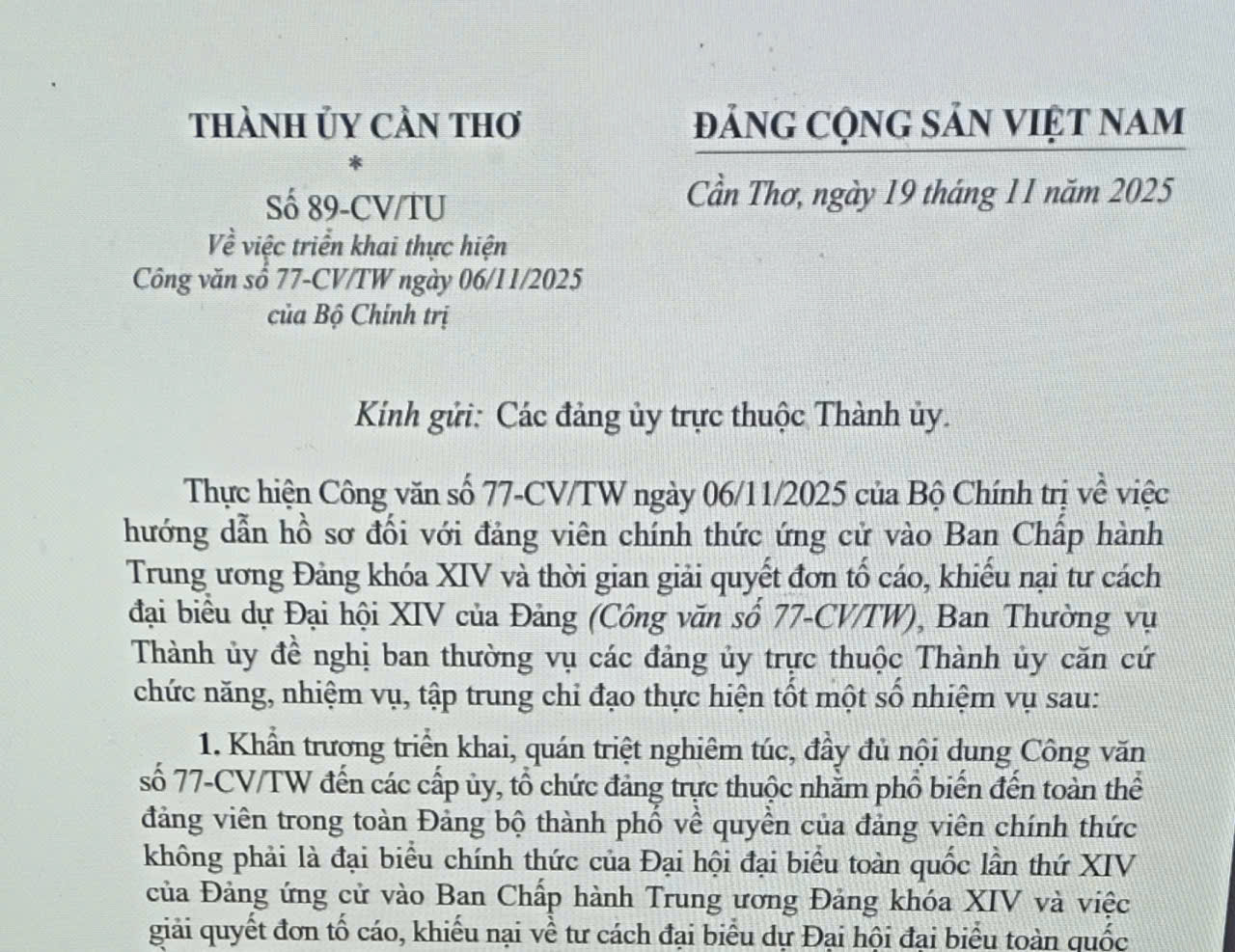 Triển khai thực hiện Công văn số 77-CV/TW ngày 06/11/2025 của Bộ Chính trị