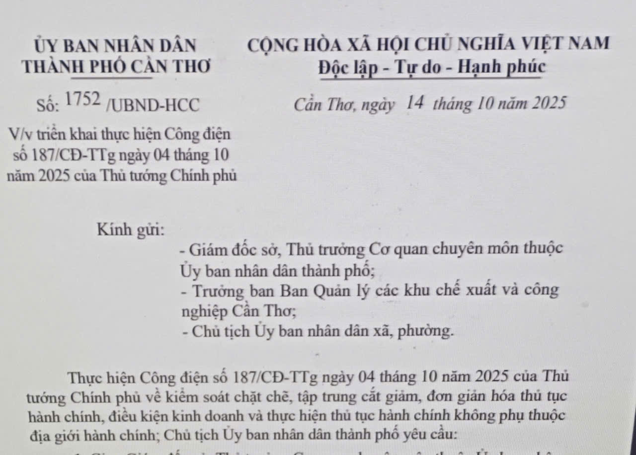 Triển khai thực hiện Công điện số 187/CĐ-TTg ngày 04 tháng 10 năm 2025 của Thủ tướng Chính phủ