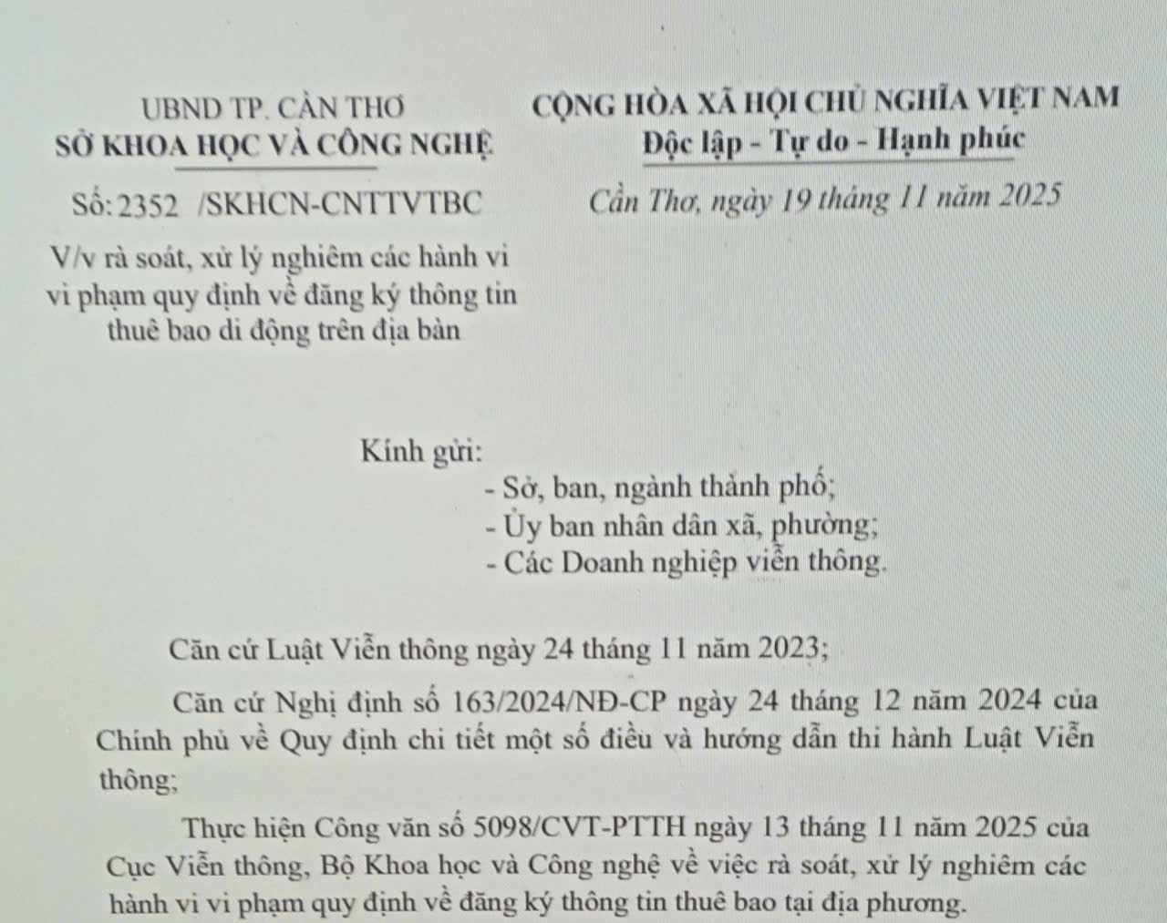 Rà soát, xử lý nghiêm các hành vi vi phạm quy định về đăng ký thông tin thuê bao di động trên địa bàn