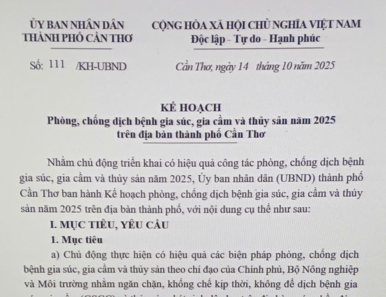Phòng, chống dịch bệnh gia súc, gia cầm và thủy sản năm 2025 trên địa bàn thành phố Cần Thơ