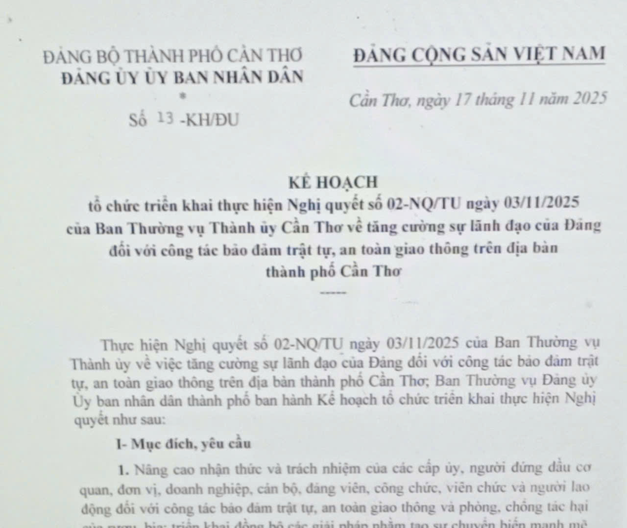 Tổ chức triển khai thực hiện Nghị quyết số 02-NQ/TU ngày 03/11/2025 của Ban Thường vụ Thành ủy Cần Thơ 