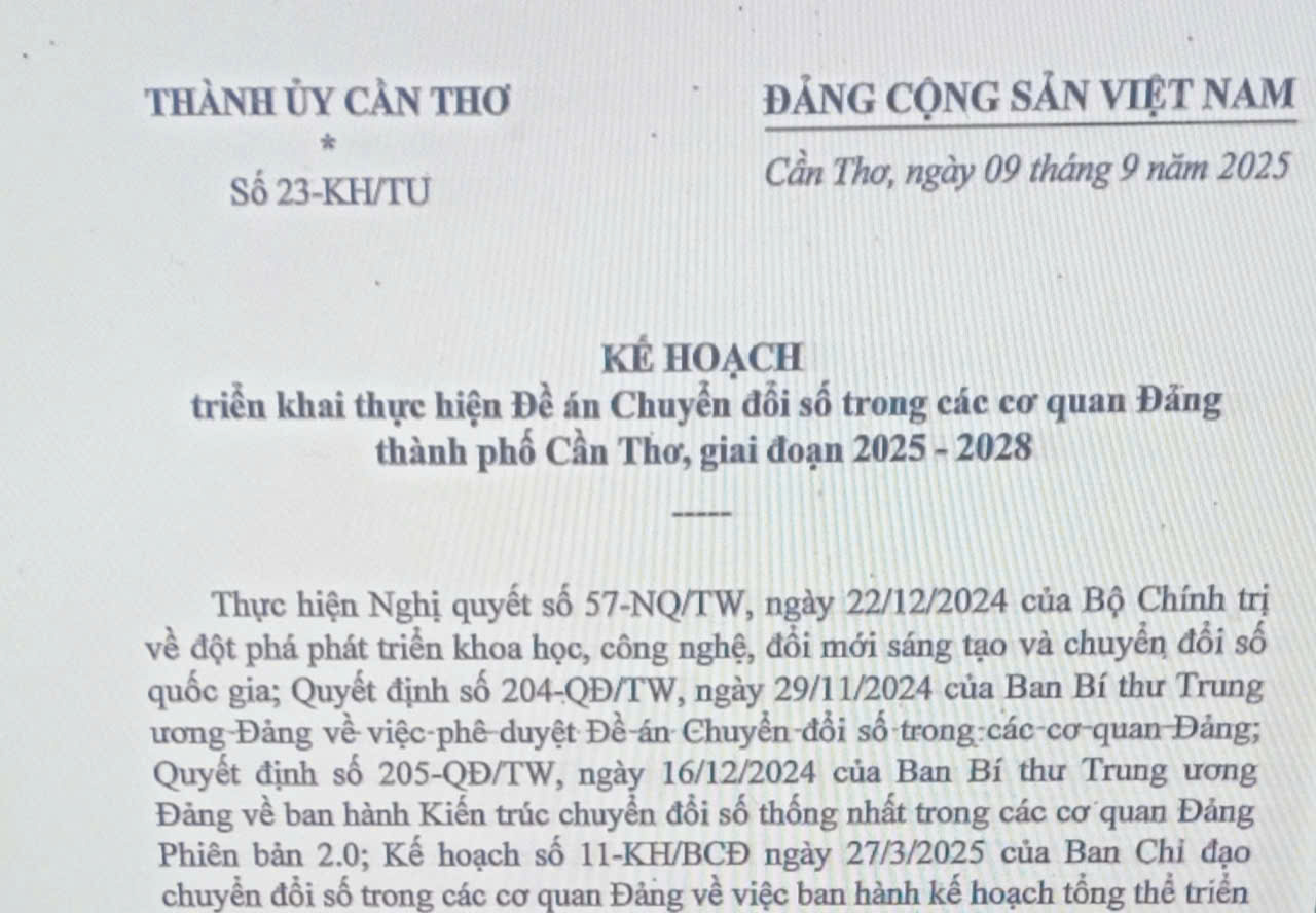 Kế hoạch triển khai thực hiện Đề án Chuyển đổi số trong các cơ quan Đảng thành phố Cần Thơ, giai đoạn 2025 -2028