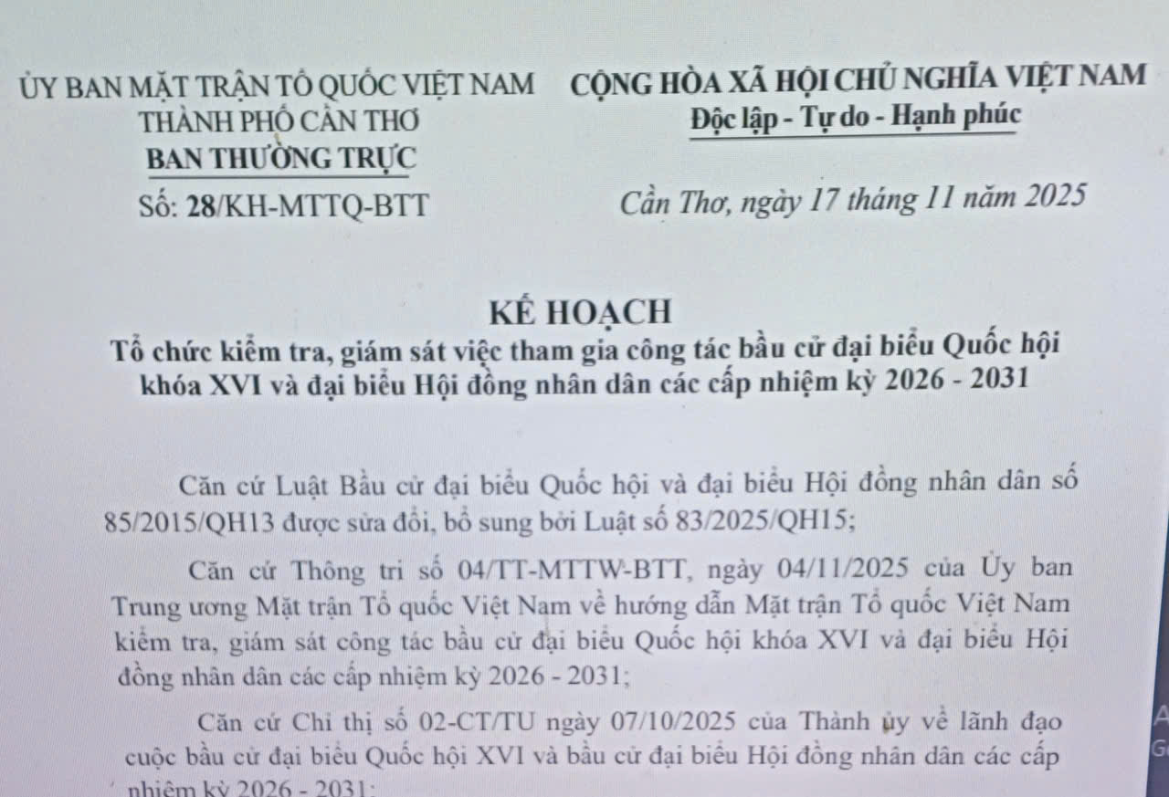 Tổ chức kiểm tra, giám sát việc tham gia công tác bầu cử đại biểu Quốc hội khóa XVI và đại biểu Hội đồng nhân dân các cấp nhiệm kỳ 2026 - 2031