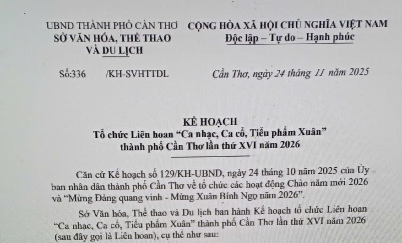 Tổ chức Liên hoan “Ca nhạc, Ca cổ, Tiểu phẩm Xuân” thành phố Cần Thơ lần thứ XVI năm 2026 
