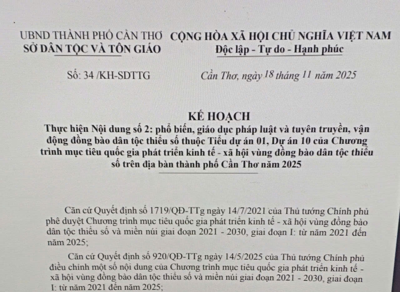 Phổ biến, giáo dục pháp luật và tuyên truyền, vận động đồng bào dân tộc thiểu số thuộc Tiểu dự án 01, Dự án 10 của Chương trình mục tiêu quốc gia phát triển kinh tế - xã hội vùng đồng bào dân tộc thiểu số trên địa bàn thành phố Cần Thơ năm 2025 