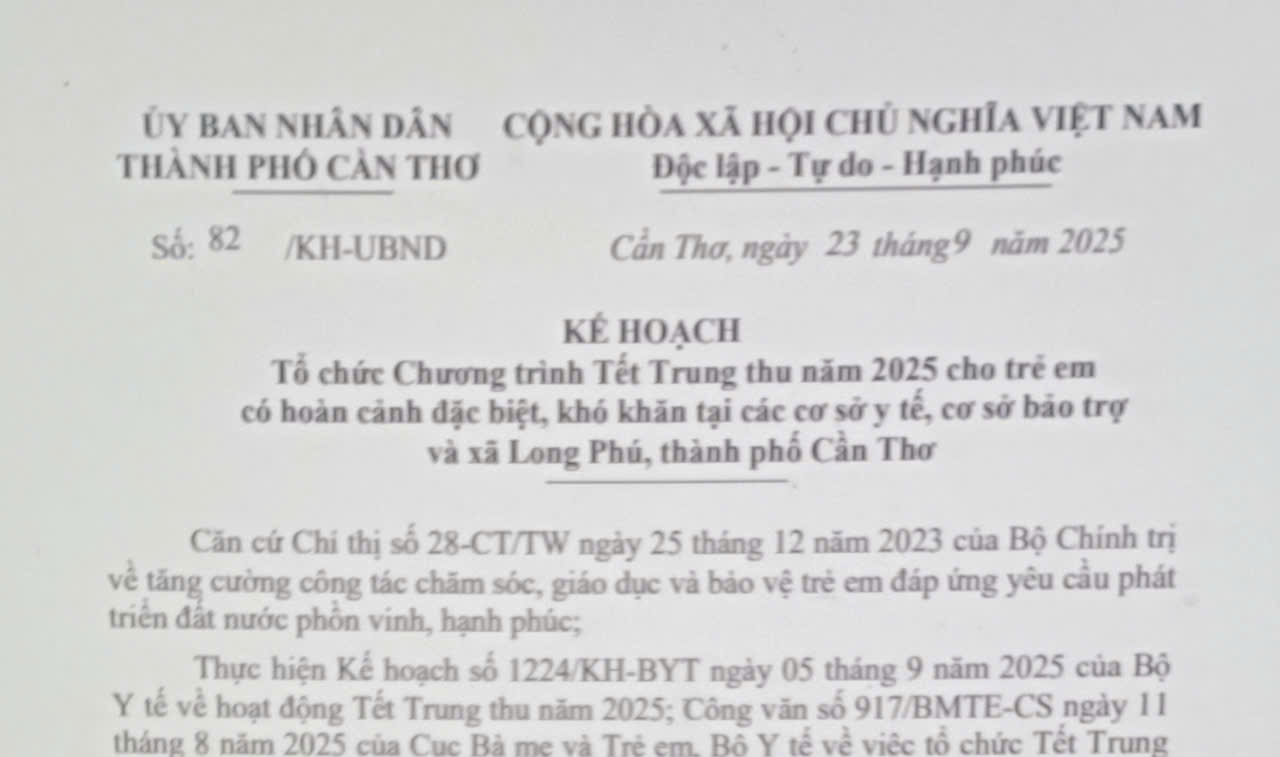 Chương trình Tết Trung thu năm 2025 cho trẻ em có hoàn cảnh đặc biệt, khó khăn tại các cơ sở y tế, cơ sở bảo trợ và xã Long Phú, thành phố Cần Thơ