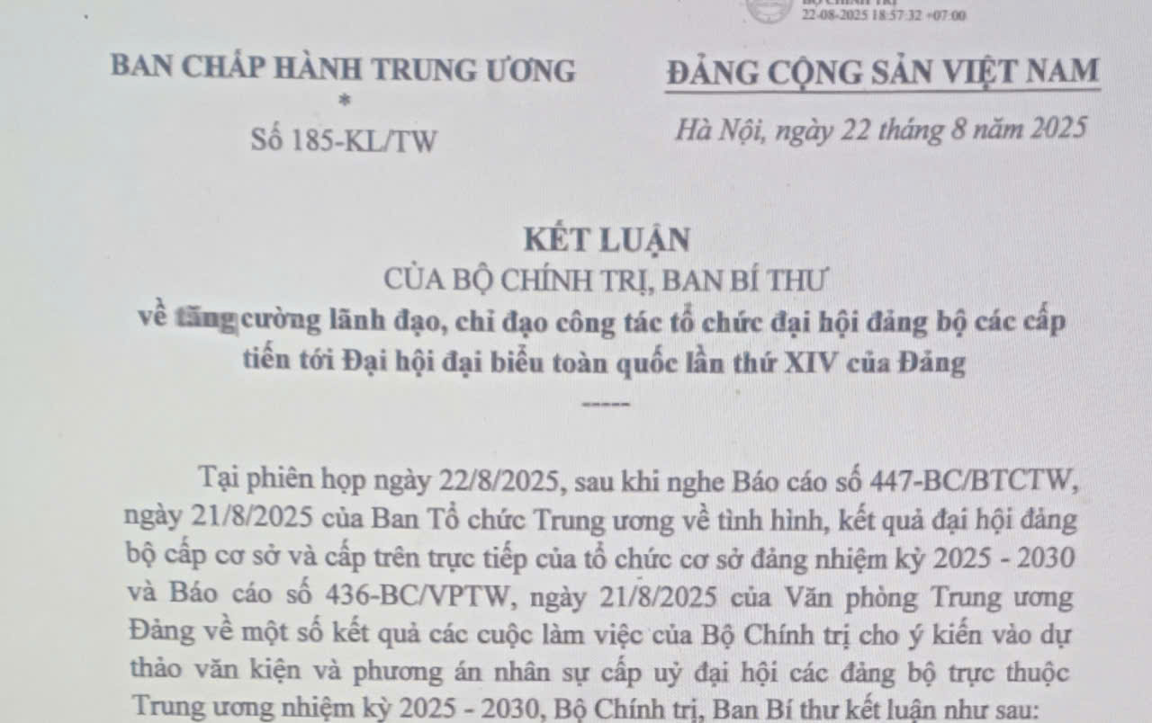 Quán triệt, triển khai thực hiện Kết luận số 185-KL/TW ngày 22/8/2025 của Bộ Chính trị, Ban Bí thư