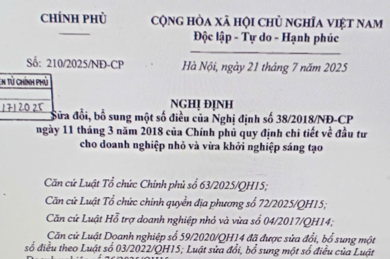 Sửa đổi bổ sung Nghị định 38 về đầu tư doanh nghiệp nhỏ và vừa khởi nghiệp sáng tạo theo Nghị định 210/2025/NĐ-CP