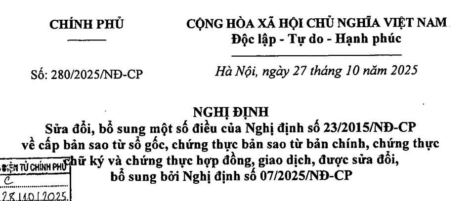 Nghị định 280/2025/NĐ-CP sửa đổi quy định về chứng thực bản sao, cấp bản sao, chứng thực chữ ký, chứng thực hợp đồng