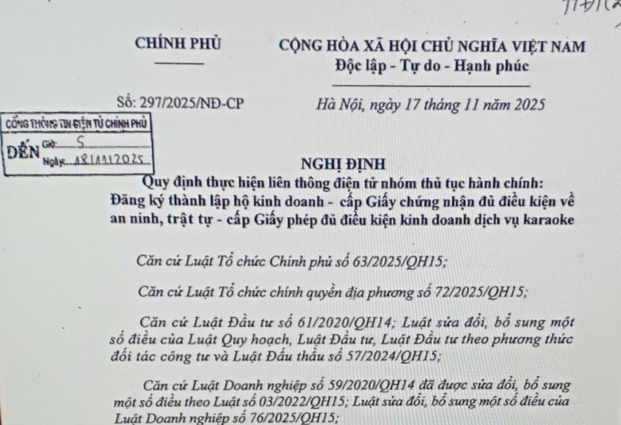 Nghị định số 297/2025/NĐ-CP ngày 17/11/2025 của Chính phủ quy định thực hiện liên thông điện tử nhóm thủ tục hành chính; Đăng ký thành lập hộ kinh doanh - cấp Giấy chứng nhận đủ điều kiện về an ninh, trật tự - cấp Giấy phép đủ điều kiện kinh doanh dịch vụ