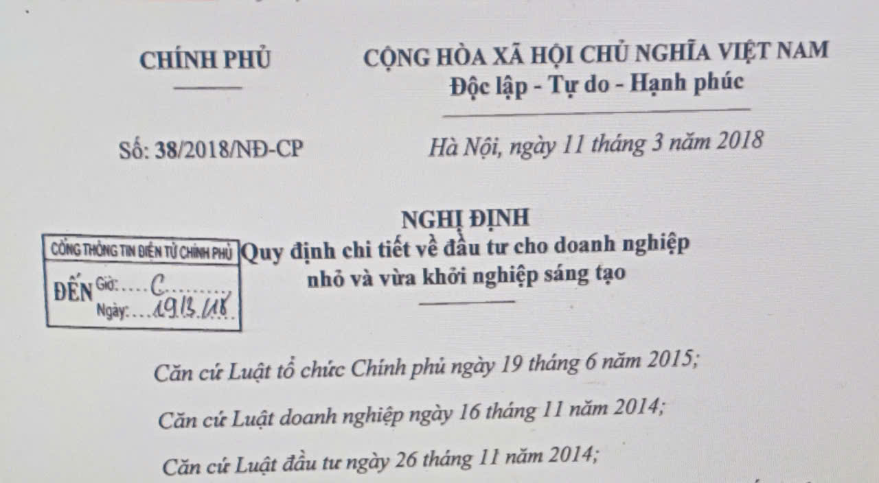 Nghị định số 38/2018/NĐ-CP quy định chi tiết về đầu tư cho doanh nghiệp nhỏ và vừa khởi nghiệp sáng tạo 