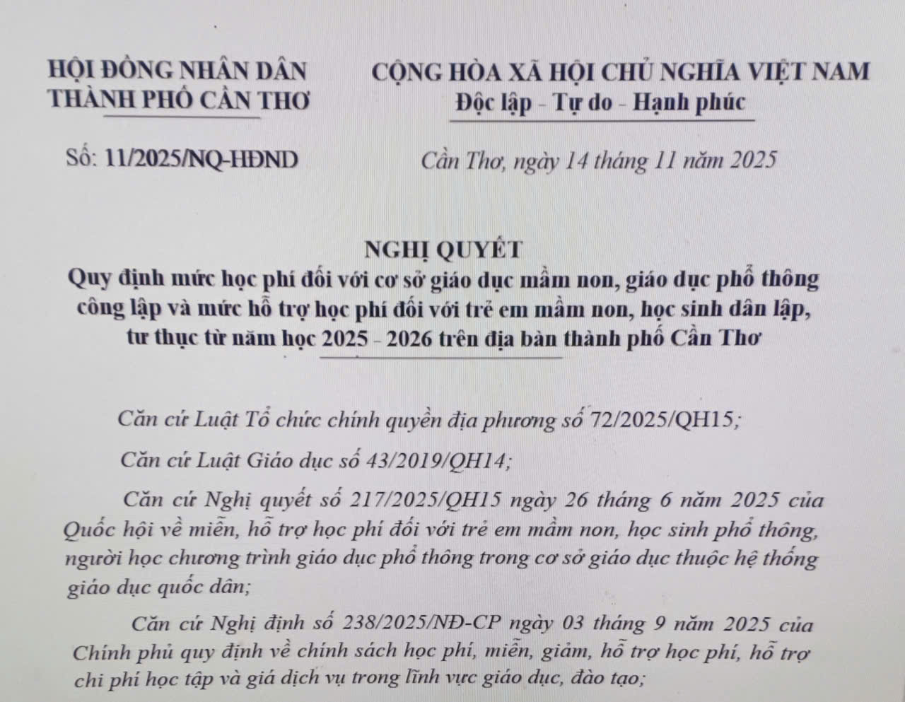 Quy định mức học phí đối với cơ sở giáo dục mầm non, giáo dục phổ thông công lập và mức hỗ trợ học phí đối với trẻ em mầm non, học sinh dân lập, tư thục từ năm học 2025 - 2026 trên địa bàn thành phố Cần Thơ