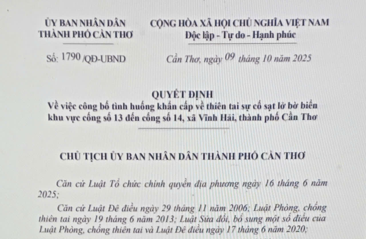 Cần Thơ công bố tình huống khẩn cấp về thiên tai sự cố sạt lở bờ biển khu vực từ cống số 13 đến cống số 14, xã Vĩnh Hải, thành phố Cần Thơ