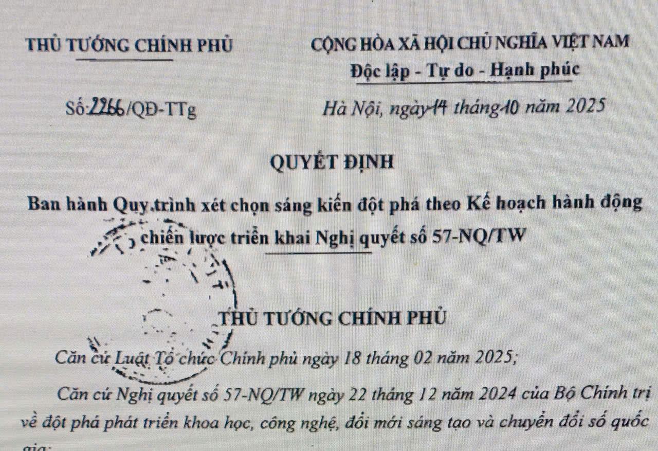 Quyết định ban hành Quy trình xét chọn sáng kiến đột phá theo Kế hoạch hành động chiến lược triển khai Nghị quyết số 57-NQ/TW