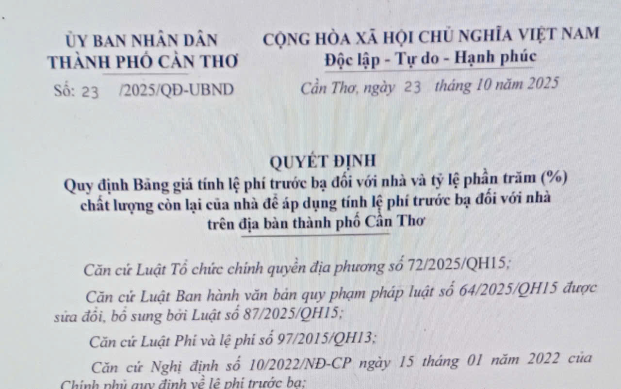 Quy định Bảng giá tính lệ phí trước bạ đối với nhà và tỷ lệ phần trăm (%) chất lượng còn lại của nhà để áp dụng tính lệ phí trước bạ đối với nhà trên địa bàn thành phố Cần Thơ