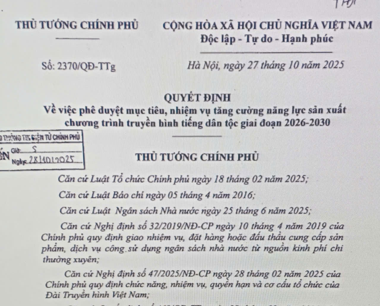 Thủ tướng Chính phủ phê duyệt mục tiêu, nhiệm vụ tăng cường năng lực sản xuất chương trình truyền hình tiếng dân tộc giai đoạn 2026-2030