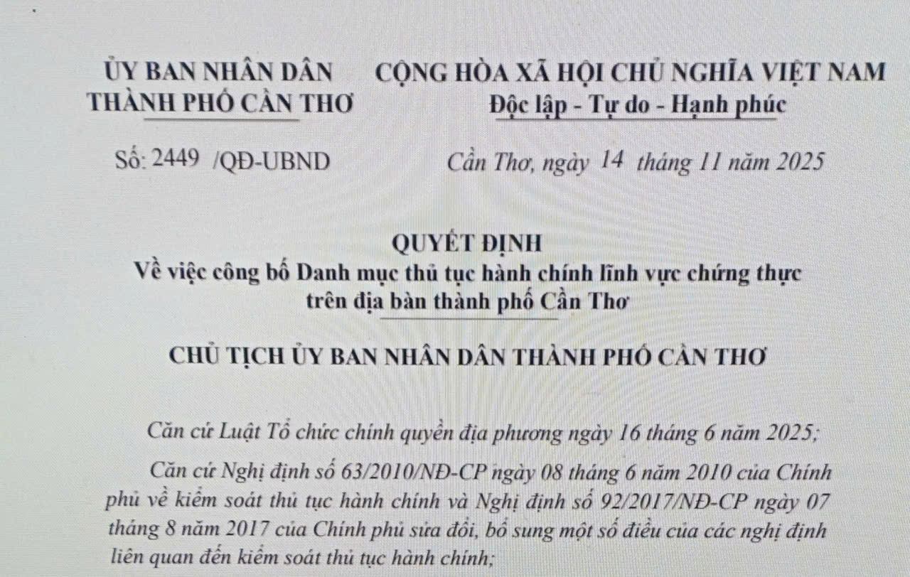 CÔNG BỐ DANH MỤC THỦ TỤC HÀNH CHÍNH LĨNH VỰC  CHỨNG THỰC TRÊN ĐỊA BÀN THÀNH PHỐ CẦN THƠ 