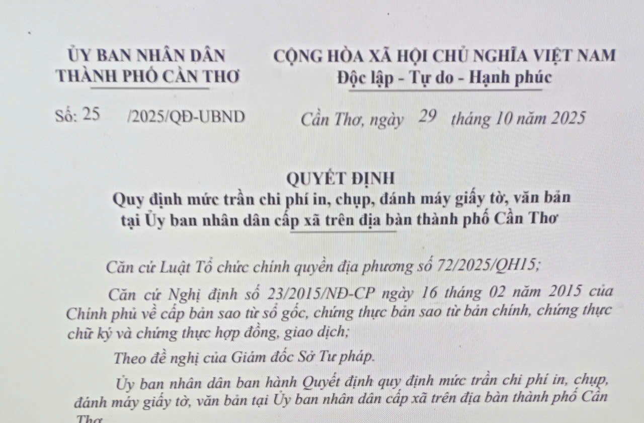 Quy định mức trần chi phí in, chụp, đánh máy giấy tờ, văn bản tại Ủy ban nhân dân cấp xã trên địa bàn thành phố Cần Thơ