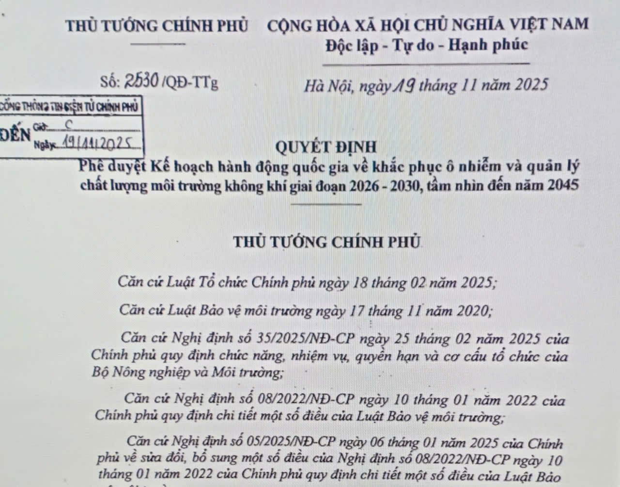 Quyết định số 2530/QĐ-TTg phê duyệt Kế hoạch hành động quốc gia về khắc phục ô nhiễm và quản lý chất lượng môi trường không khí giai đoạn 2026 - 2030, tầm nhìn đến năm 2045