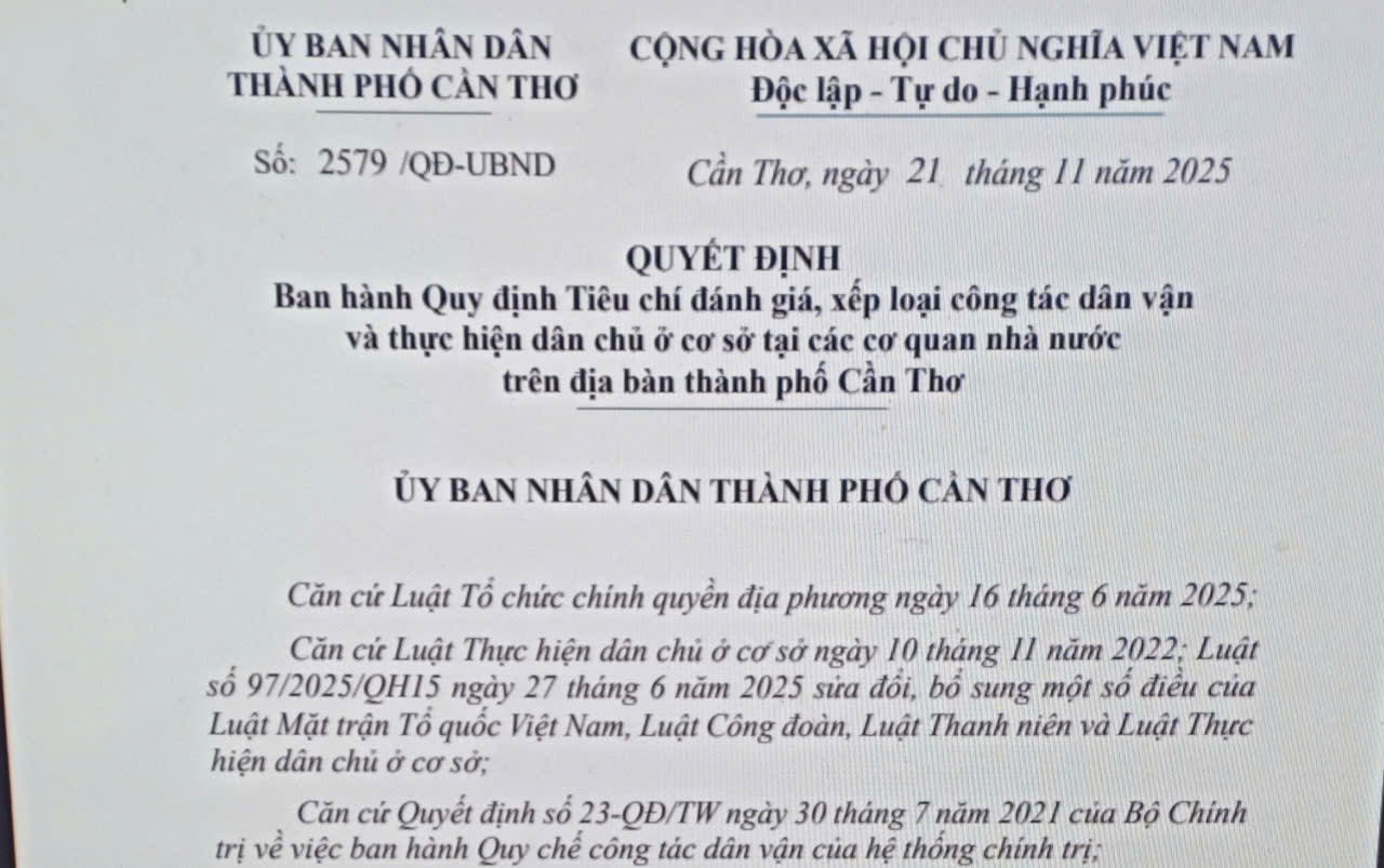 Tiêu chí đánh giá, xếp loại công tác dân vận và thực hiện dân chủ ở cơ sở tại các cơ quan nhà nước trên địa bàn thành phố Cần Thơ
