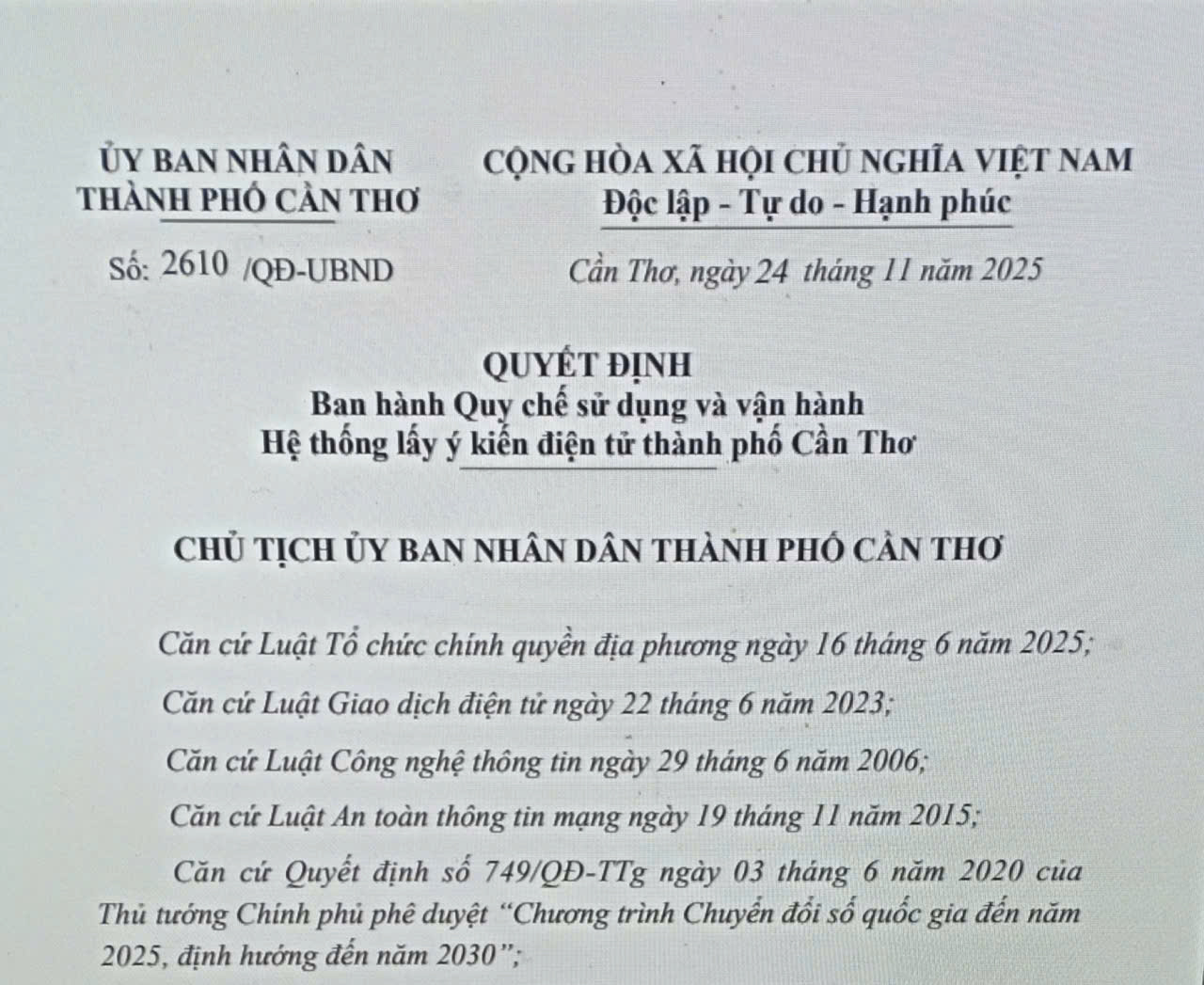 Cần Thơ ban hành Quy chế sử dụng và vận hành Hệ thống lấy ý kiến điện tử